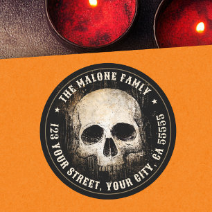 Vintage skull Halloween return address Classic Round Sticker