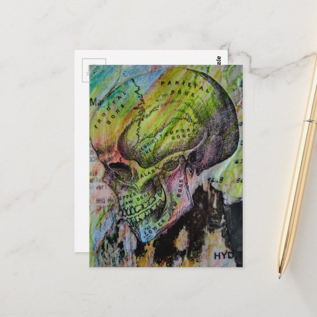 Vintage Skull Mixed Media Collage Postcard (Front/Back In Situ)