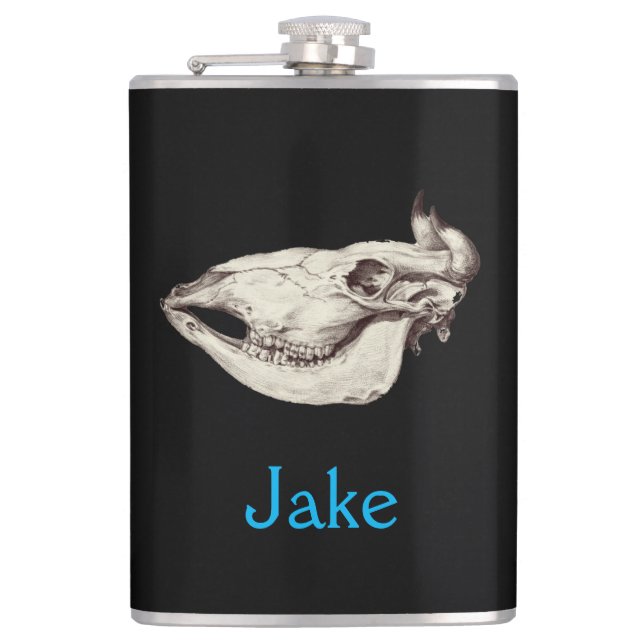 Vintage Skull of Cow Illustration Name Hip Flask (Front)