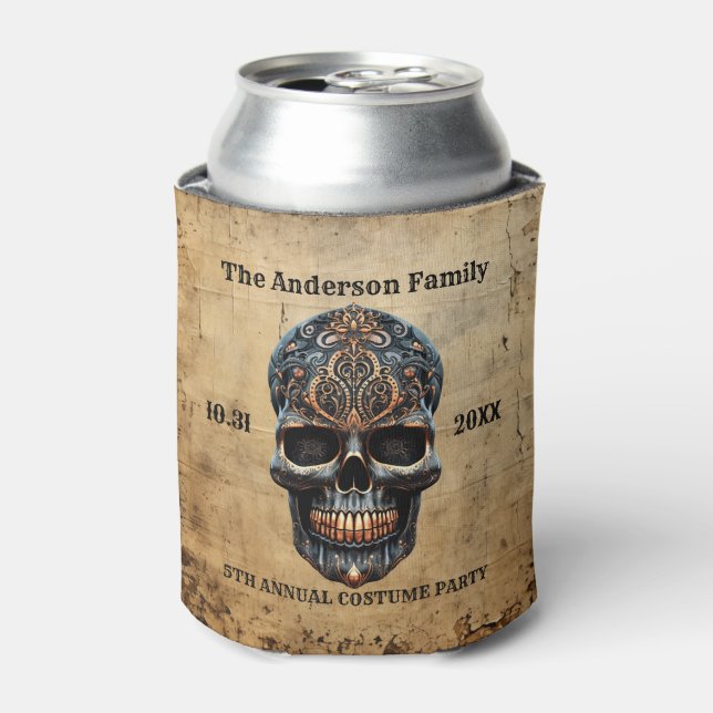Vintage Skull Personalised Halloween Party Can Cooler (Can Front)