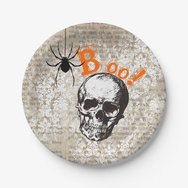 Vintage Skull & Spider Halloween Paper Plate (Front)