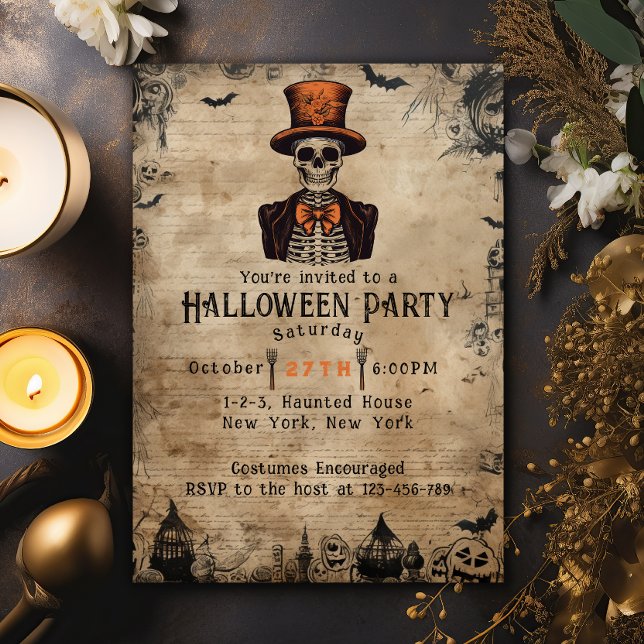 Vintage Skull Top Hat Adult Halloween Party Invitation (Adult Costumes and Cocktails Themed Halloween Party Invitation. Elegant Vintage skull with top hat.)