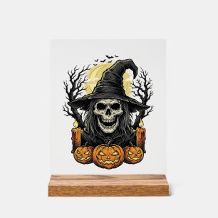 Vintage Skull Witch Halloween Pumpkin Vector Desig Acrylic Sign
