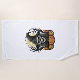 Vintage Skull Witch Halloween Pumpkin Vector Desig Beach Towel