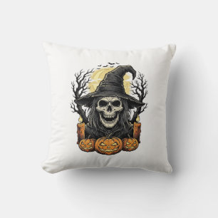 Vintage Skull Witch Halloween Pumpkin Vector Desig Cushion