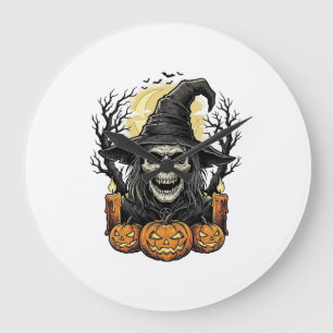 Vintage Skull Witch Halloween Pumpkin Vector Desig Large Clock