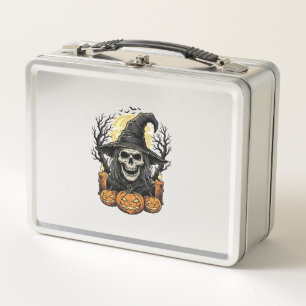 Vintage Skull Witch Halloween Pumpkin Vector Desig Metal Lunch Box