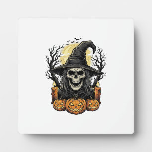 Vintage Skull Witch Halloween Pumpkin Vector Desig Plaque