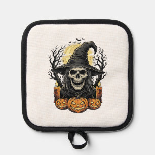 Vintage Skull Witch Halloween Pumpkin Vector Desig Pot Holder