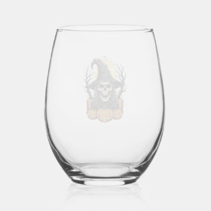 Vintage Skull Witch Halloween Pumpkin Vector Desig Stemless Wine Glass