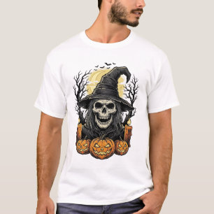Vintage Skull Witch Halloween Pumpkin Vector Desig T-Shirt
