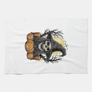 Vintage Skull Witch Halloween Pumpkin Vector Desig Tea Towel