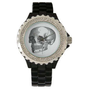 Vintage Skull Womens Rhinestone Black Wristwatch