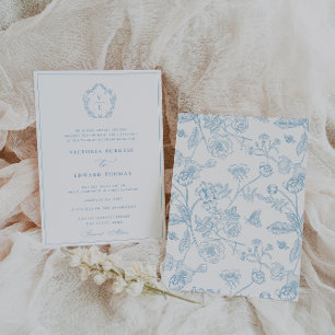 Vintage Sky Blue Crest Monogram Wedding Invitation