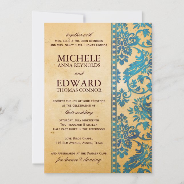 Vintage Sky Blue Damask Lace Wedding Invitation (Front)