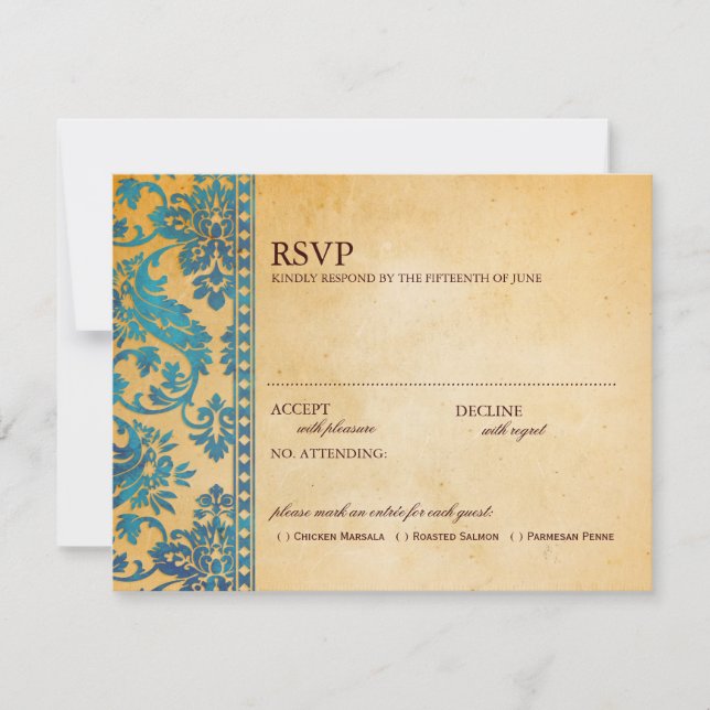 Vintage Sky Blue Damask Lace Wedding RSVP (Front)