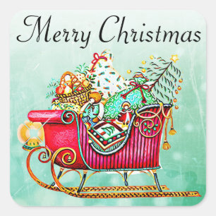Vintage Sled or Sleigh with Gifts & Christmas Tree Square Sticker