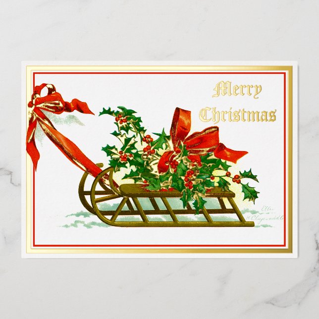 Vintage Sled with Holly Christmas Foil Holiday Card (Front)
