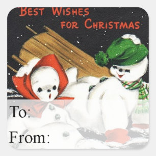Vintage Sledding Snow People Gift Tag