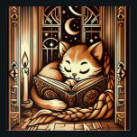 Vintage Sleeping Art Deco Style Cat With A Book<br><div class="desc">Adorable vintage,  art deco art style illustration of a cat sleeping on a book by candle light,  in front of a window with a night sky with moon and stars outside. The colours are a brown sepia tones.</div>