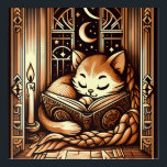 Vintage Sleeping Art Deco Style Cat With A Book<br><div class="desc">Adorable vintage,  art deco art style illustration of a cat sleeping on a book by candle light,  in front of a window with a night sky with moon and stars outside. The colours are a brown sepia tones.</div>