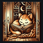 Vintage Sleeping Art Deco Style Cat With A Book Photo Print<br><div class="desc">Adorable vintage art deco art style illustration of a cat sleeping on a book by candle light,  in front of a window with a night sky with moon and stars outside. The colours are a brown sepia tones.</div>