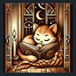 Vintage Sleeping Art Deco Style Cat With A Book Photo Print<br><div class="desc">Adorable vintage art deco art style illustration of a cat sleeping on a book by candle light,  in front of a window with a night sky with moon and stars outside. The colours are a brown sepia tones.</div>