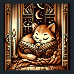 Vintage Sleeping Art Deco Style Cat With A Book Poster<br><div class="desc">Adorable vintage art deco art style illustration of a cat sleeping on a book by candle light,  in front of a window with a night sky with moon and stars outside. The colours are a brown sepia tones.</div>