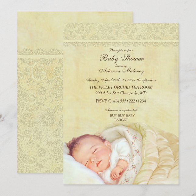 Vintage Sleeping Baby Soft Pastel Yellow Lace Invitation (Front/Back)