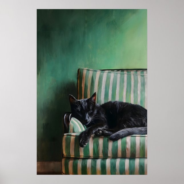Vintage Sleeping Black Cat Art, Dark Academia Poster (Front)