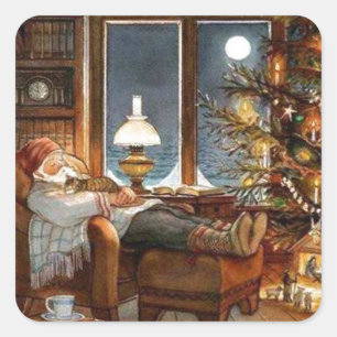 Vintage Sleeping Santa Square Sticker