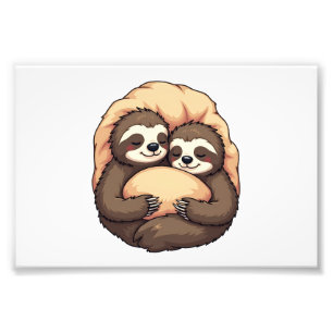 Vintage Sleepy Sloth Couple Cosy Bed Graphic 2 Photo Print