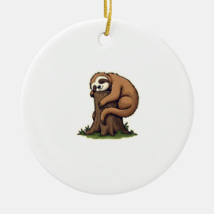 Vintage Sleepy Sloth Forest Log Cute Animal Art 2 Ceramic Tree Decoration