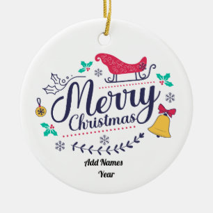 Vintage Sleigh & Bell Red & Blue Personalise Ceramic Tree Decoration