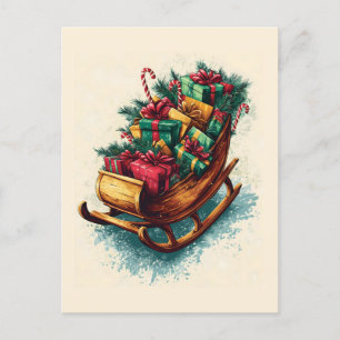 Vintage Sleigh Filled with Christmas Presents Holiday Postcard
