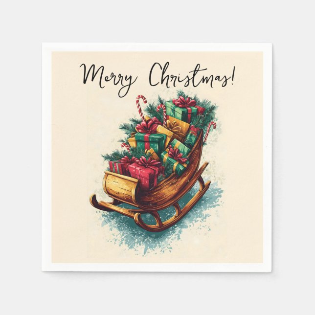 Vintage Sleigh Filled with Christmas Presents Napkin (Front)