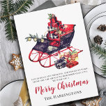 Vintage Sleigh Merry Christmas<br><div class="desc">A vintage-inspired watercolor Christmas sleigh stacked with gifts, trimmed with holly and jingle bells, and sprinkled with snowflakes on clean white. Edit the short verse, the Merry Christmas greeting (switch to Happy Holidays or Season’s Greetings, or remove), and the family name line to make it yours. Nostalgic styling with plenty...</div>