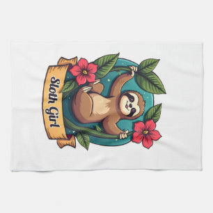 Vintage Sloth Flower Girl Cute Tropical Retro Shir Tea Towel
