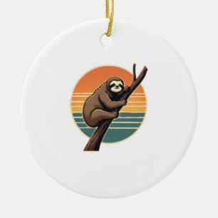 Vintage Sloth Sunset Vector Retro Hanging Art 2 Ceramic Tree Decoration