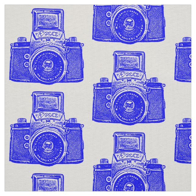Vintage SLR Camera - Blue on White Fabric (Swatch)