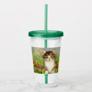 Vintage Smiling Cat Illustration Acrylic Tumbler