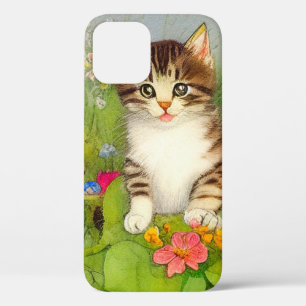 Vintage Smiling Cat Illustration iPhone 12 Case