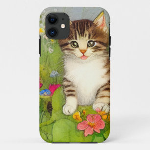 Vintage Smiling Cat Illustration iPhone 11 Case