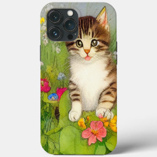 Vintage Smiling Cat Illustration iPhone 13 Pro Max Case