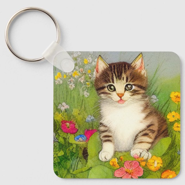 Vintage Smiling Cat Illustration Key Ring (Front)