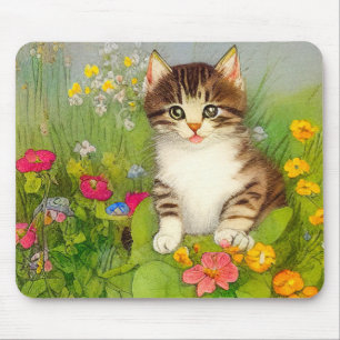 Vintage Smiling Cat Illustration Mouse Mat