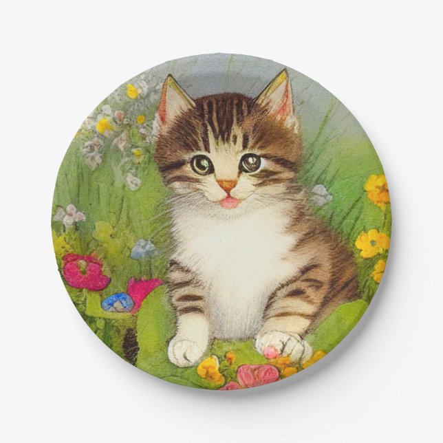 Vintage Smiling Cat Illustration Paper Plate (Front)