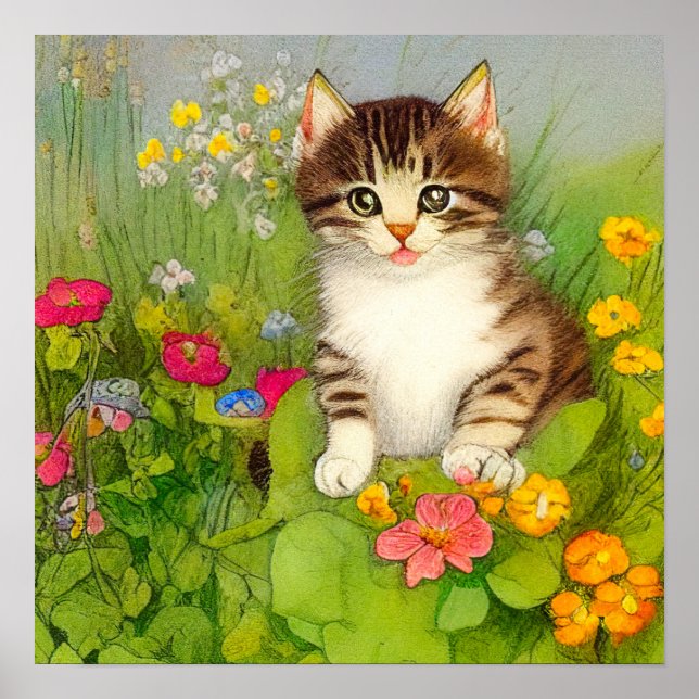 Vintage Smiling Cat Illustration Poster (Front)