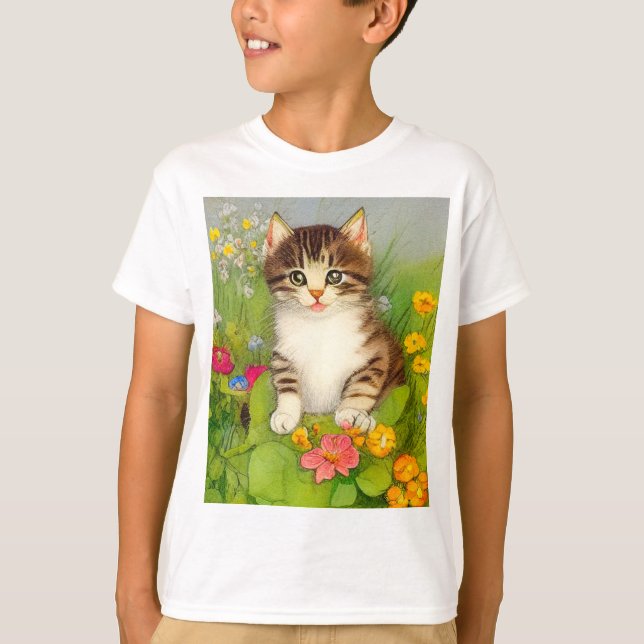 Vintage Smiling Cat Illustration T-Shirt (Front)