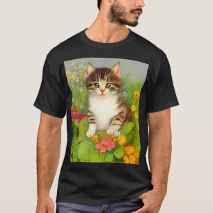 Vintage Smiling Cat Illustration T-Shirt